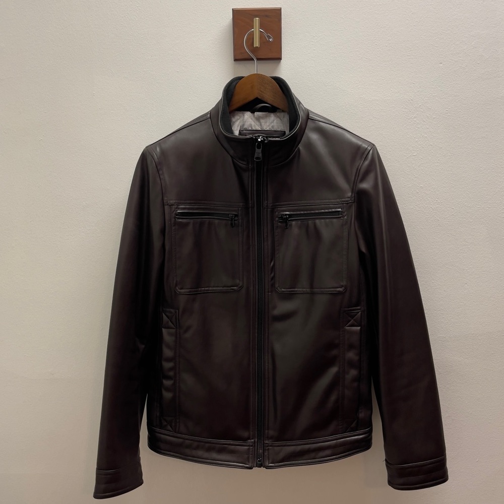 The Calvin Klein men's faux leather moto jacket, Brown